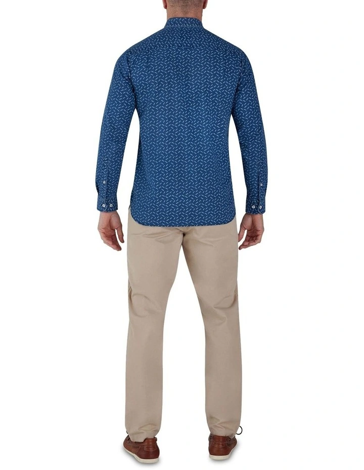 Chambray Feather Print Long Sleeve Shirt in Navy