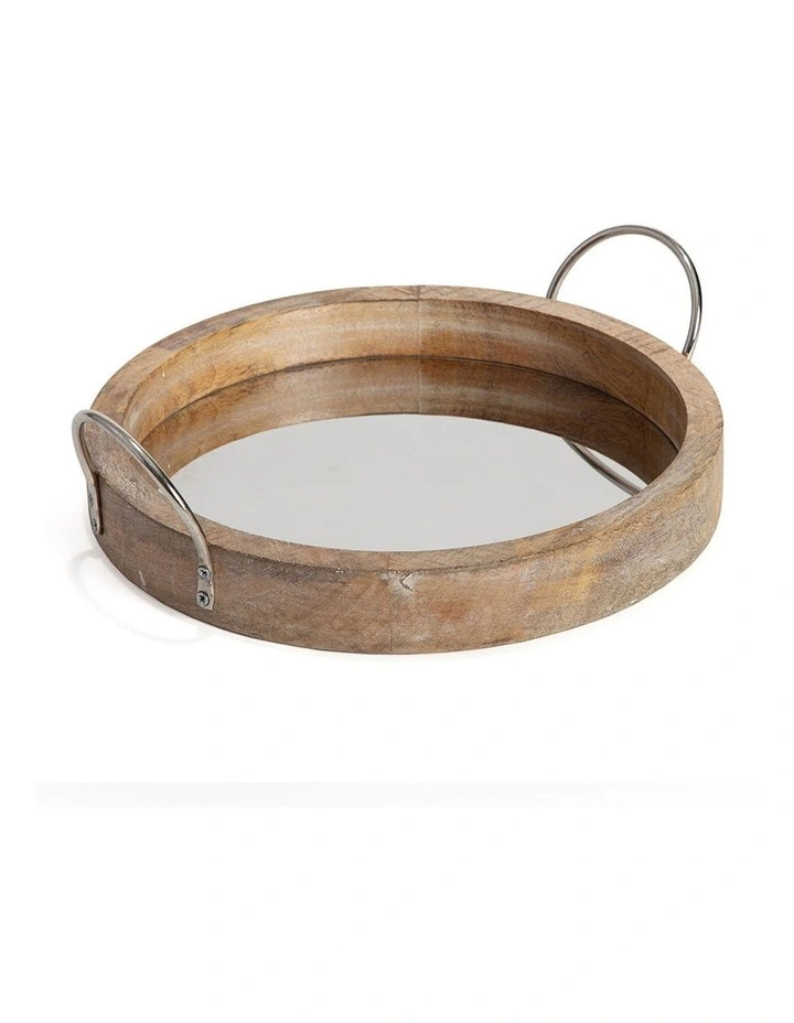 Mango Wood Round Mirrored Tray in Natural