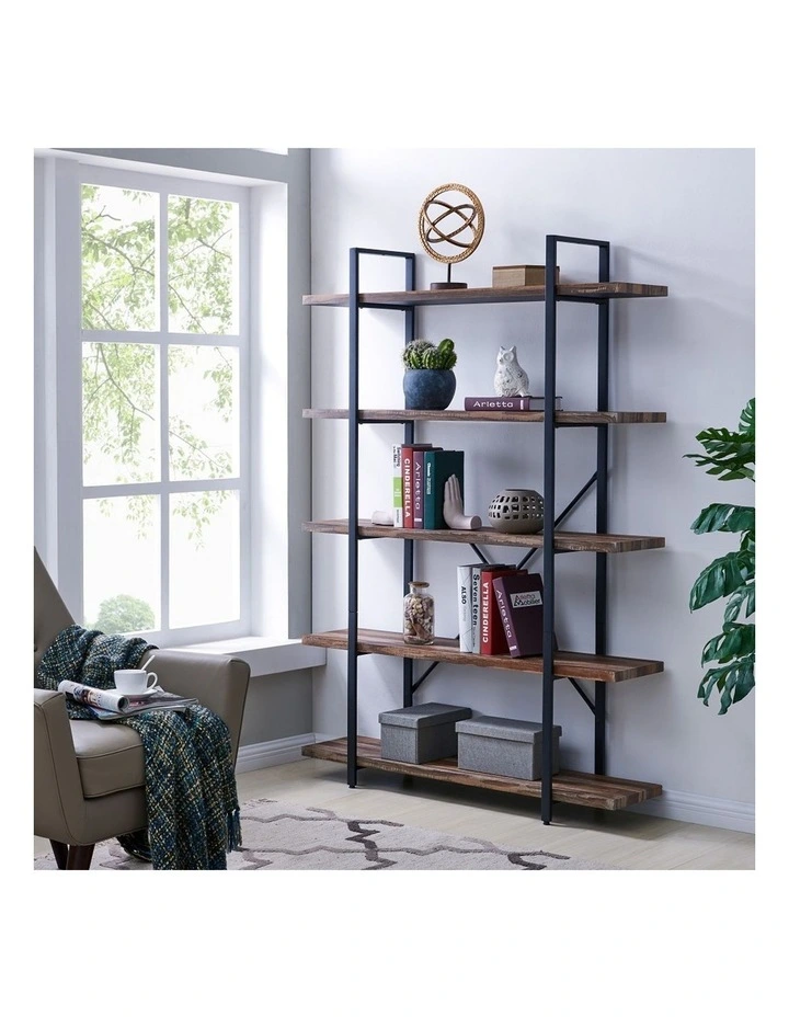 5 Tier Industrial Wood and Metal Bookshelves Retro Brown