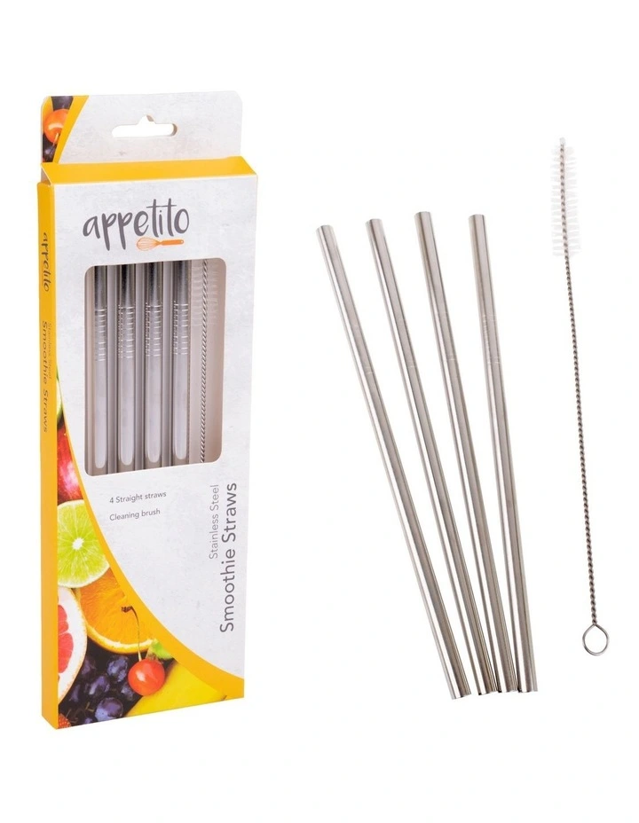 Stainless Steel Straight Smoothie Straws Set 4 With Brush