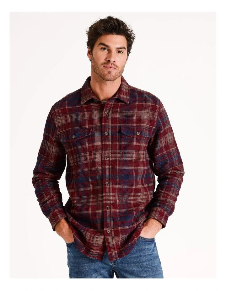 Wye River Check Waffle Long Sleeve Shirt in Burgundy