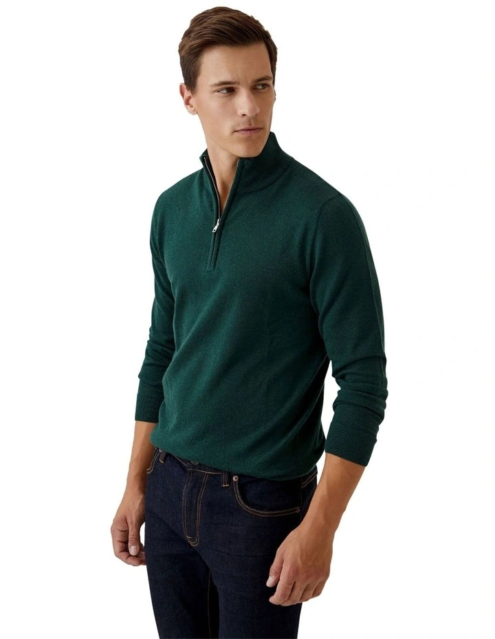 Zip Neck Merino Wool Knit in Bottle Green