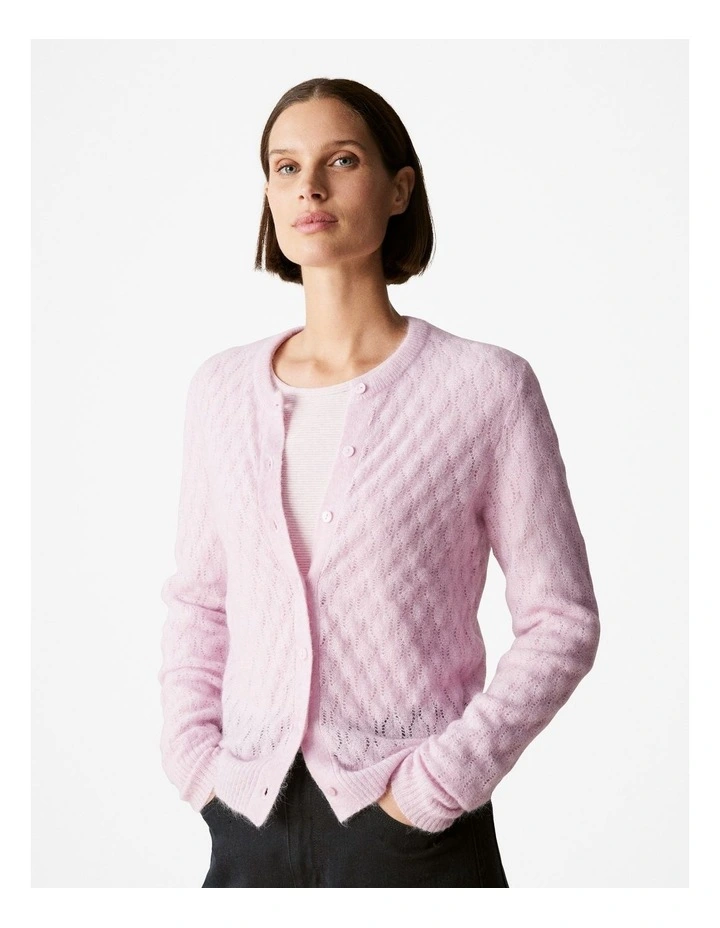 Mohair Wool Blend Pointelle Cardigan in Blossom Pink