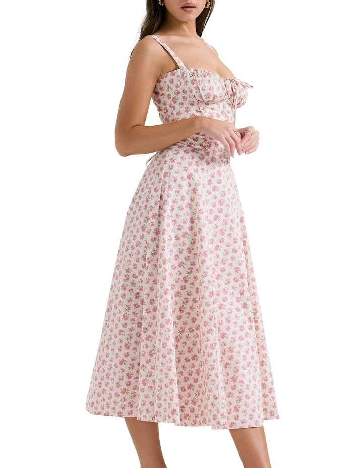 Carmen Cotton Bustier Sundress in White Rosebud Print