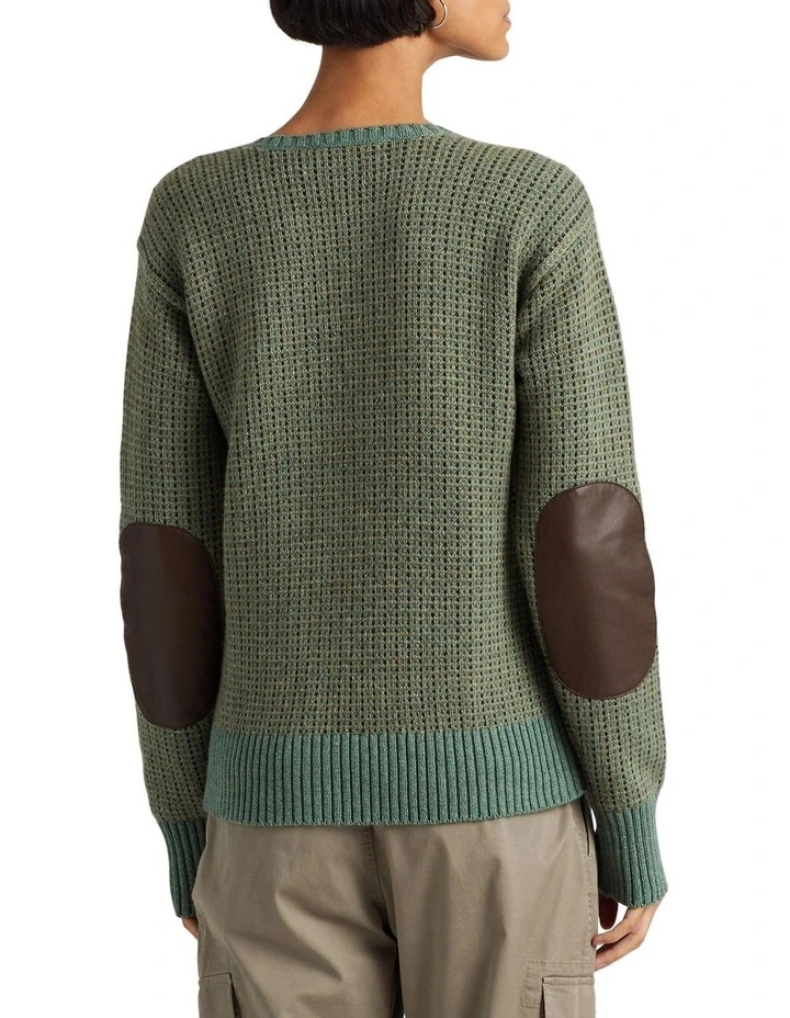 Faux Leather Trim Wool-Blend Sweater in Brown