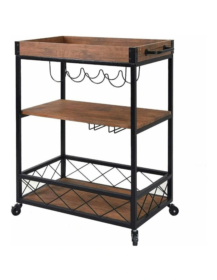 3 Tiers Kitchen Serving Wine Cart Trolley with Wine Rack in Walnut