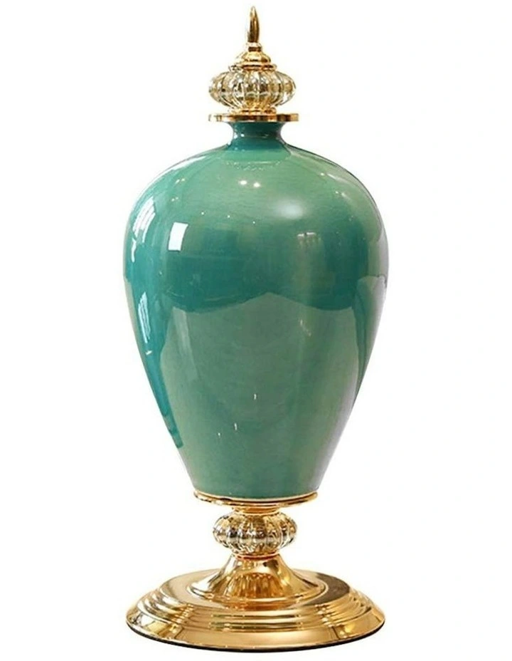 Ceramic Oval Flower Vase with Metal Base 42cm in Green
