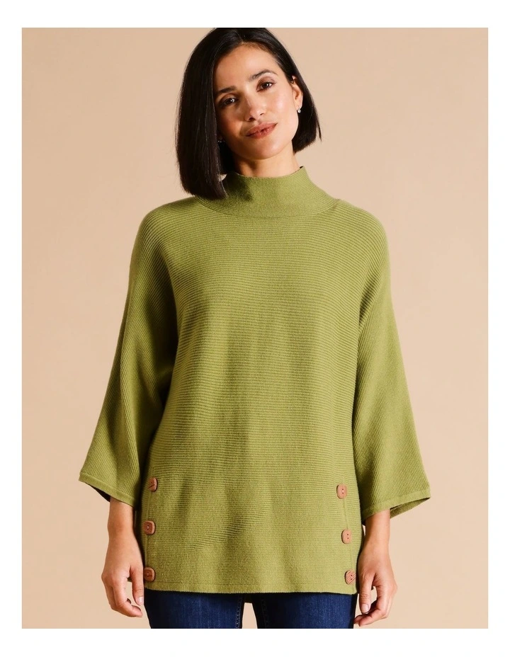 Sustainable Viscose Blend Button Side Magyar Sleeve Jumper In Avocado