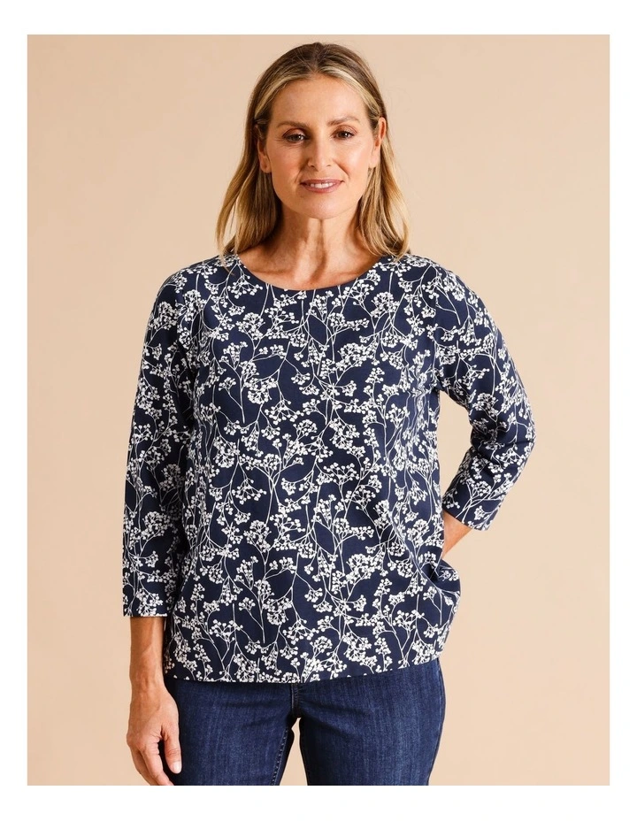3/4 Sleeve Swing Tee In Navy/Chalk Monotone Floral