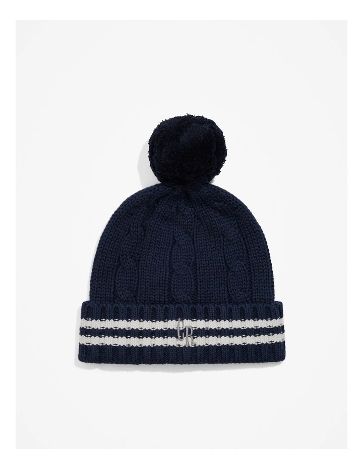 Organically Grown Cotton Blend Varsity Knit Beanie in Navy
