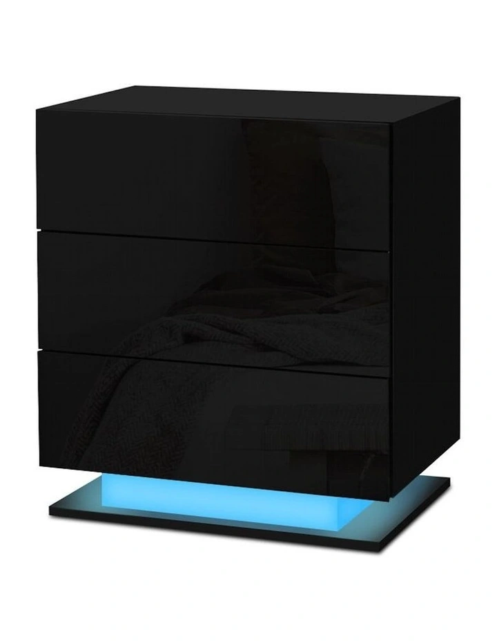 LED 3 Drawers Mori Bedside Table in Black