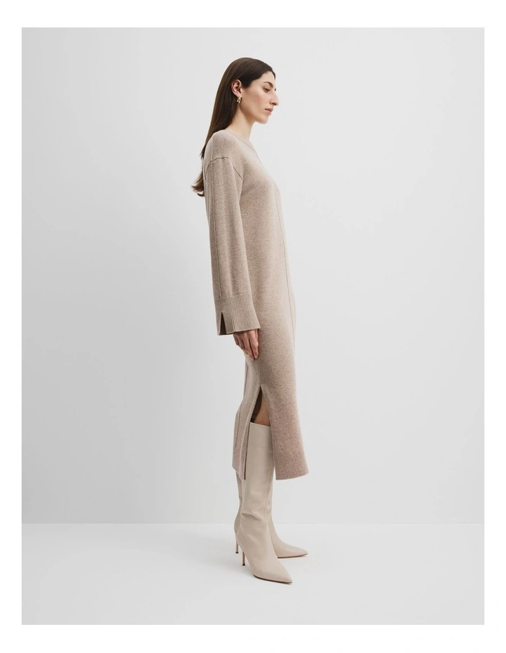 Organically Grown Cotton Blend Crew Neck Knit Dress in Dune Marle