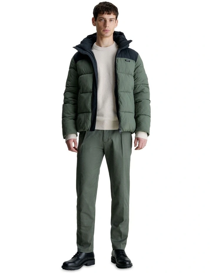 Crinkle Nylon Colour Block Puffer Jacket in Green