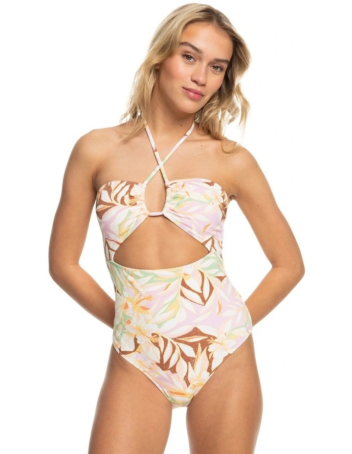 Meadow Flowers Halter Neck One Piece Swimsuit in Quiet Green Coast