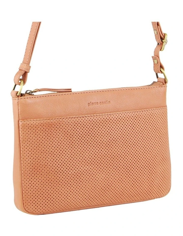 Perforated Leather Multi Compartment Cross-body Bag in Apricot
