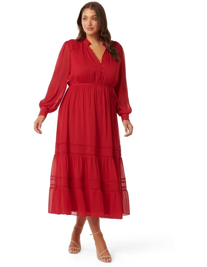 Bethany Lace Trim Midi Dress in Red