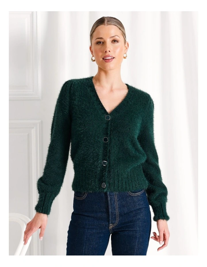 Recycled Blend V-Neck Fluffy Knit Cardigan in Dark Green