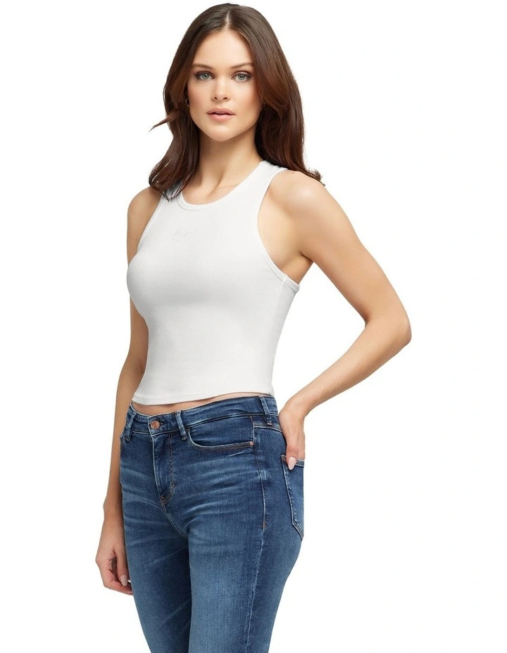 Denise Rib Logo Tank in Pure White