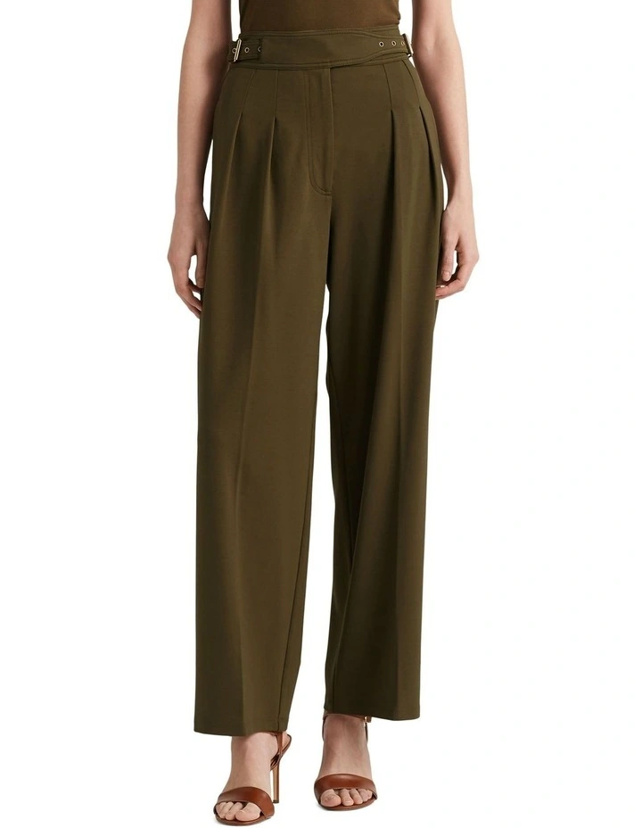 Belted Pleated Ponte Cropped Pant in Green
