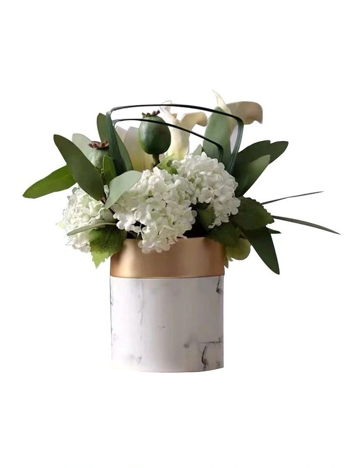 Artificial White Floral Arrangement in White Marbling Pot