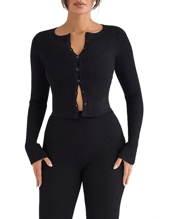 Sylvia Ribbed Knit Cardigan in Black