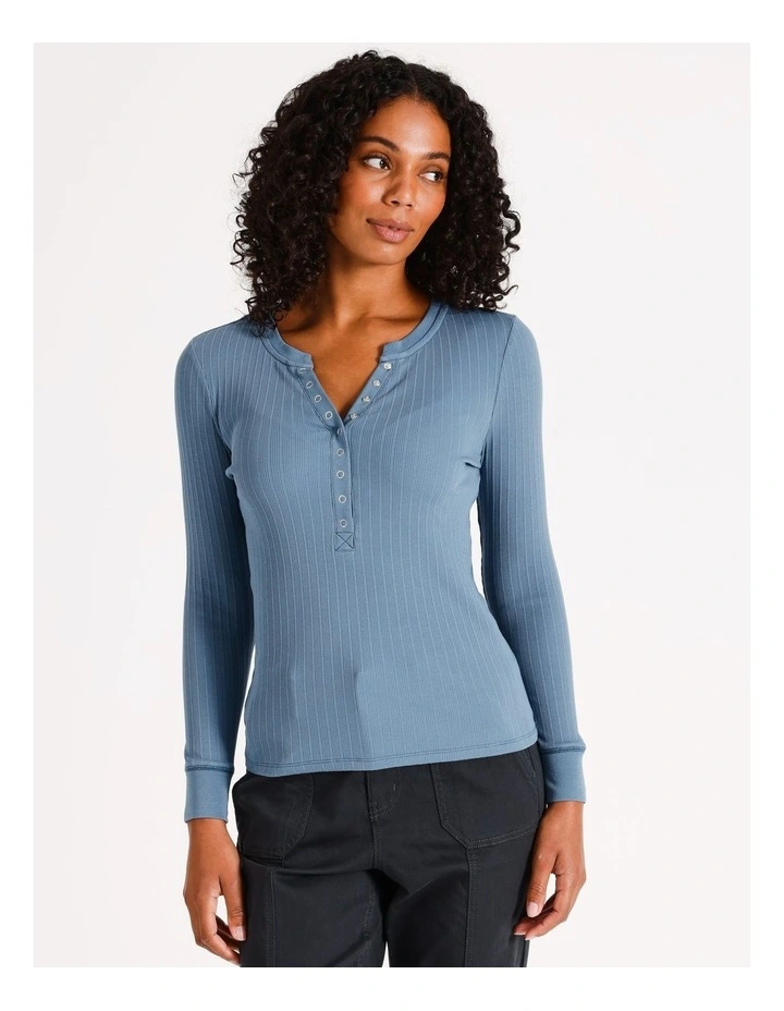 Organic Blend Long Sleeve Henley Tee in Dusty Blue