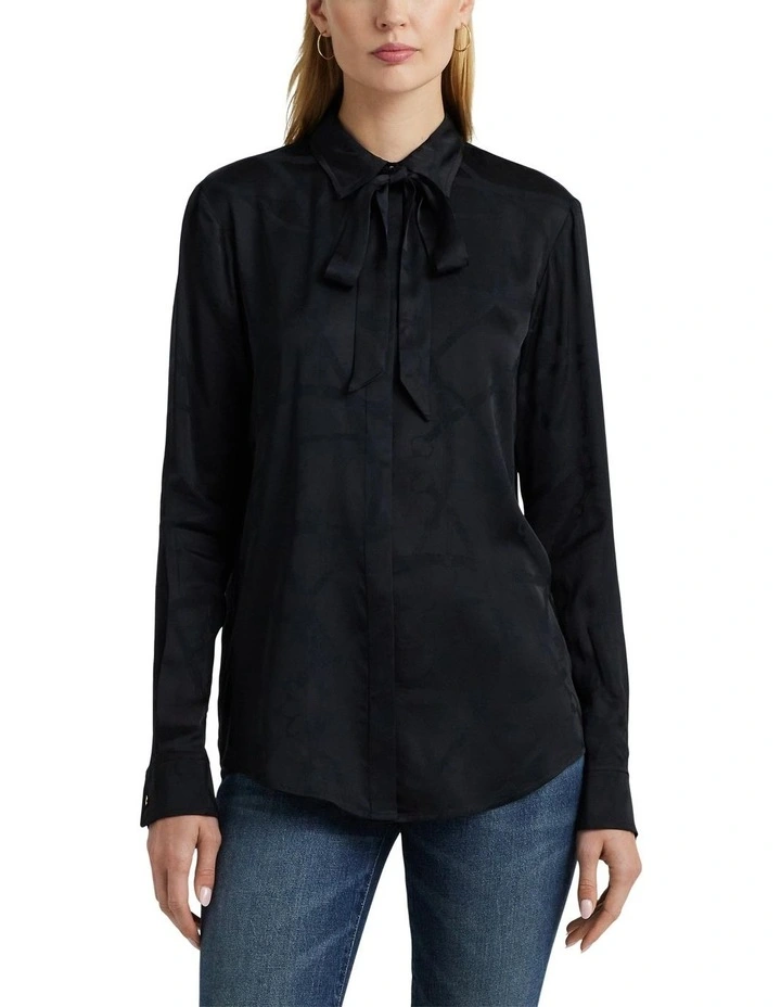 Belting-Motif Jacquard Tie-Neck Shirt in Black