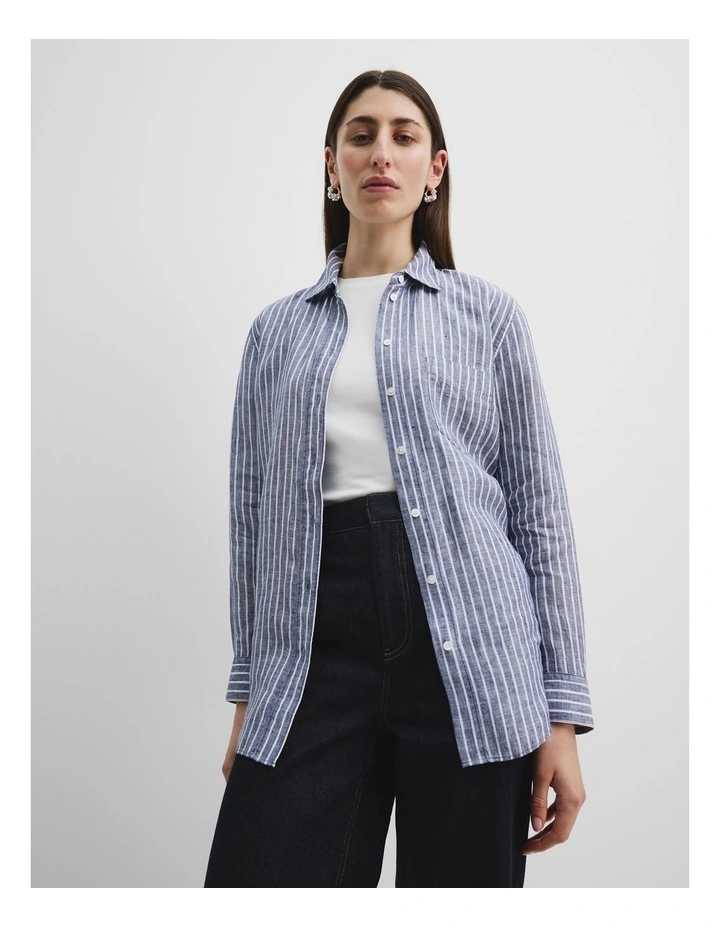 Organically Grown Linen Shirt in Navy Stripe