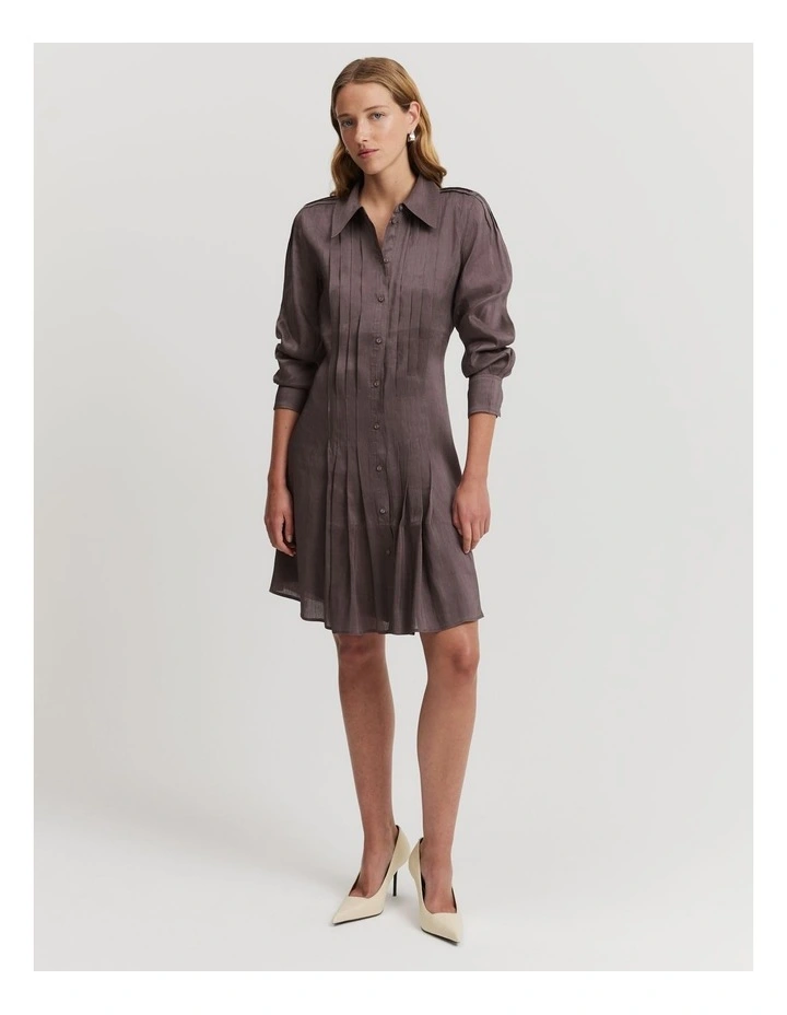 Pleat Mini Shirt Dress in Truffle