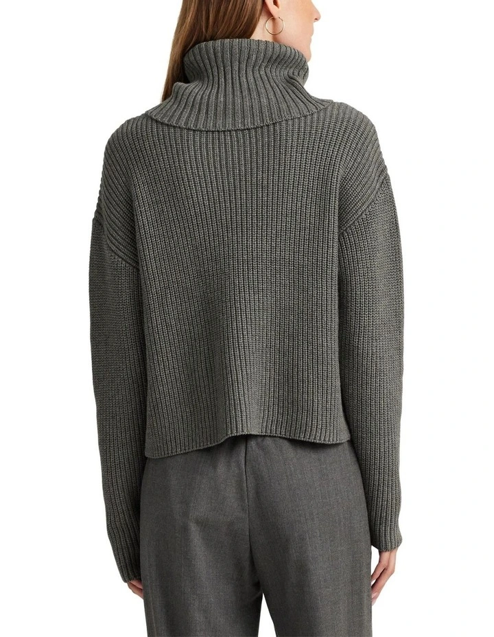 Buckle-Trim Cotton Ribbed Turtleneck Kint in Grey