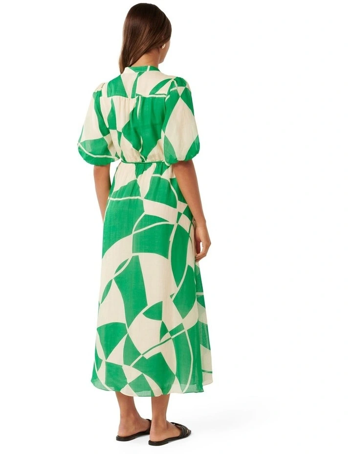 Loanne Puff Sleeve Midi Dress in Green