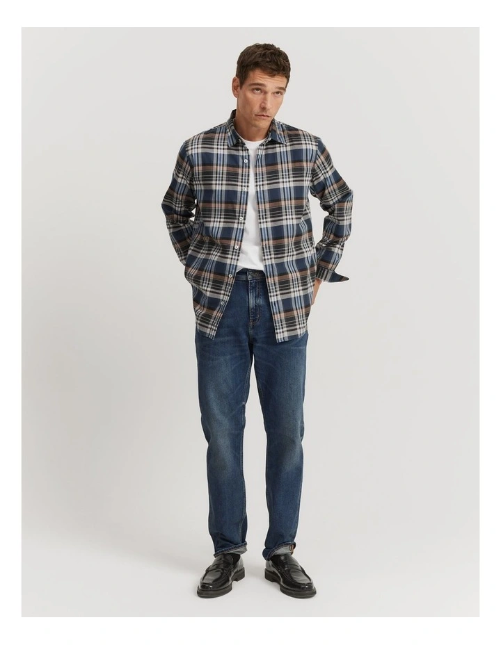 Regular Fit Good Earth Cotton Flannel Check Shirt in Navy