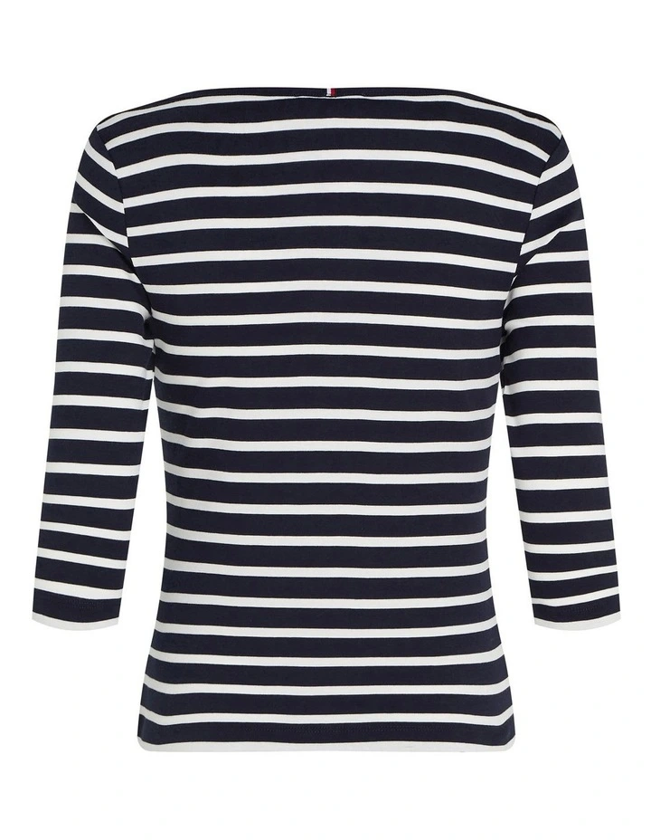 Three-Quarter Sleeve Boat Neck T-shirt in Blue