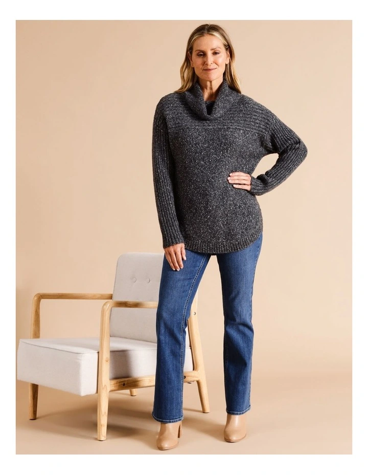 Recycled Polyester Blend Rib Yoke And Sleeve Cowl Neck Jumper In Charcoal