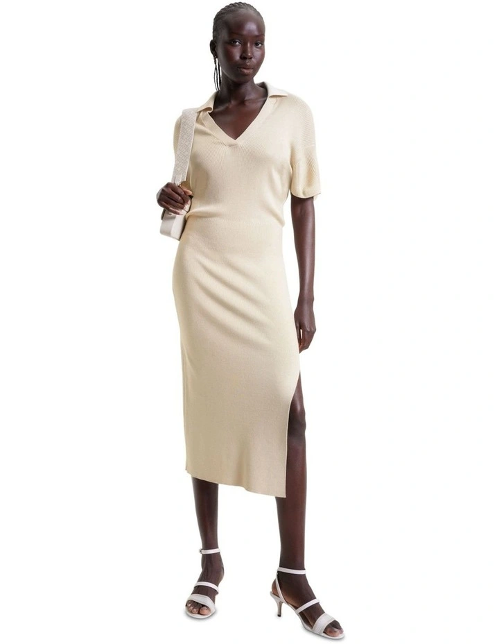 Open Polo Blousson Short Sleeve Midi Dress in Classic Beige