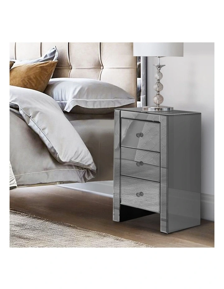 Bedside Table 3 Drawers Mirrored QUENN in Grey