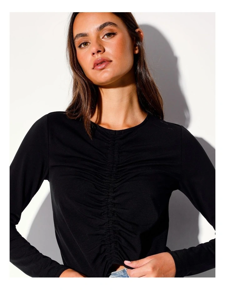 Organic Blend Ruched Front Long Sleeve Top in Black