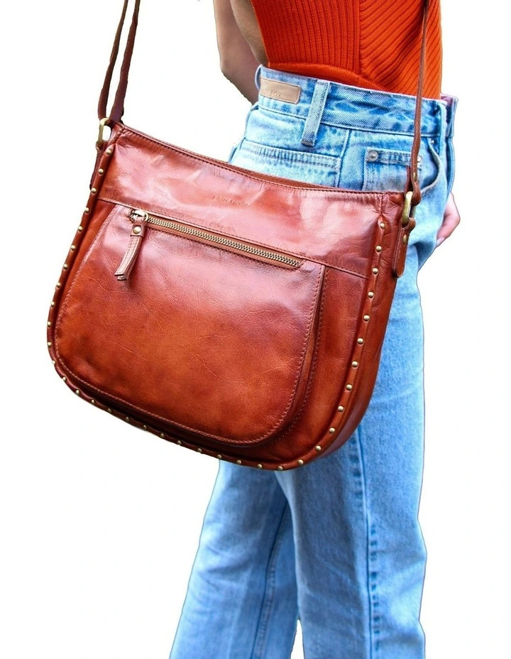 Leather Stud Detail Large Cross Body Bag in Tan