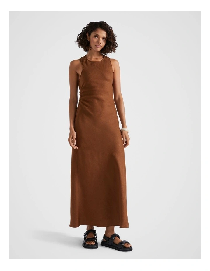 Linen Ruched Side Maxi Dress in Spice
