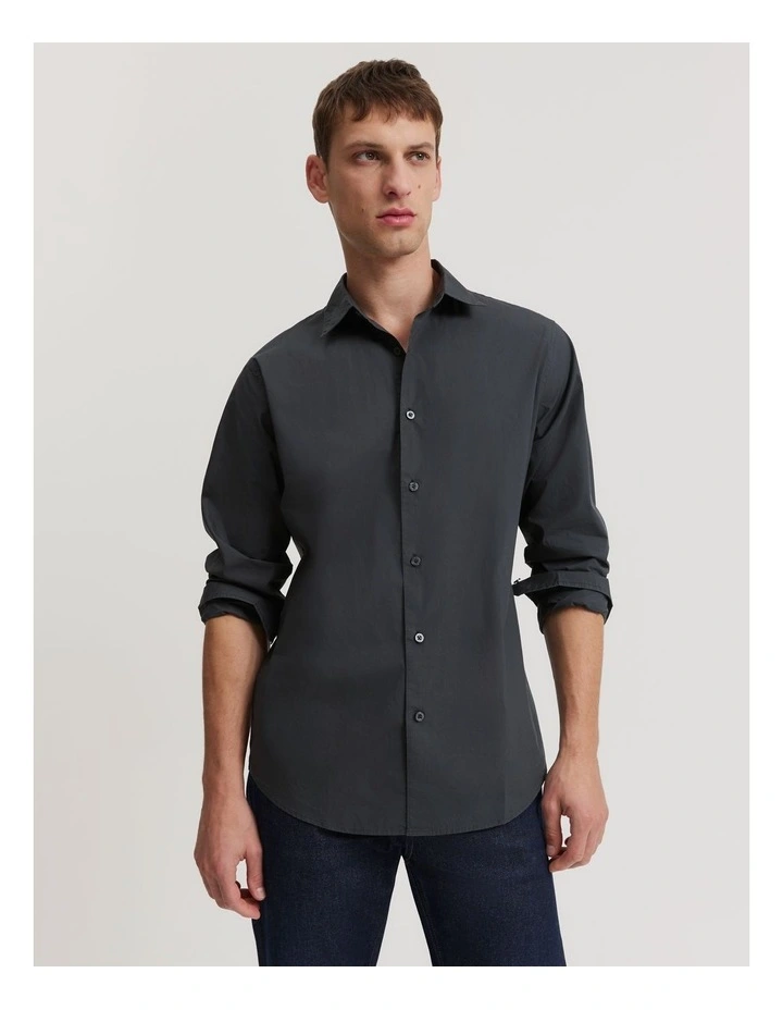 Regular Fit Garment Dyed Poplin Shirt in Washed Black