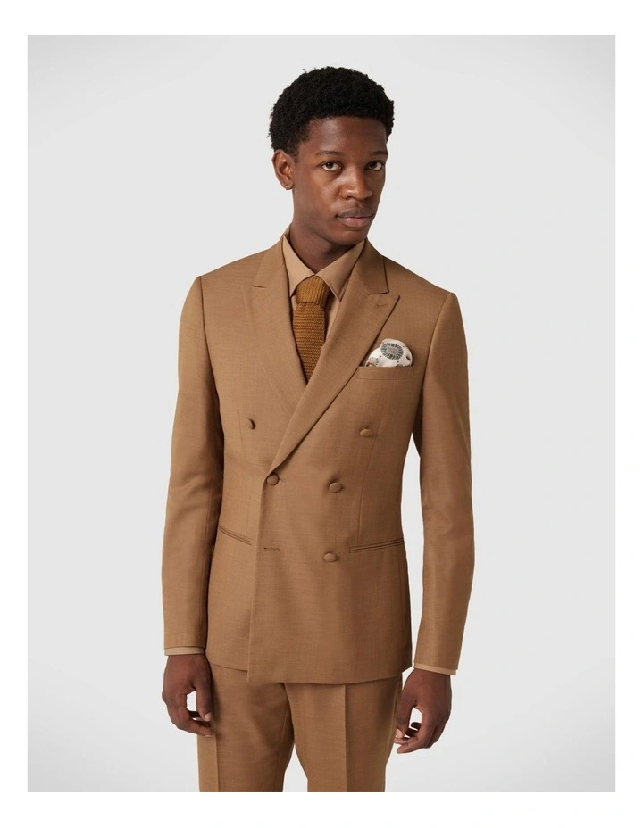Slim Stretch Double Breasted Tailored Jacket in Tan