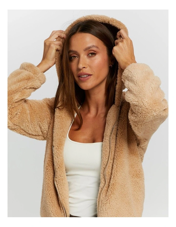 Anna Teddy Jacket With Hood in Beige