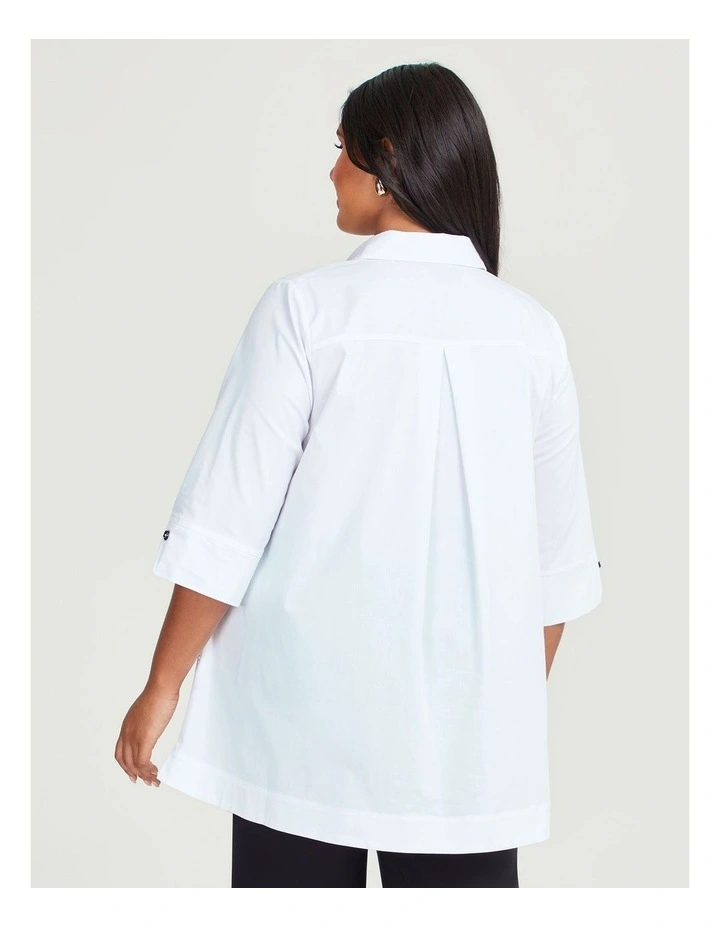 Mesh Trim Stretch Cotton Shirt in White