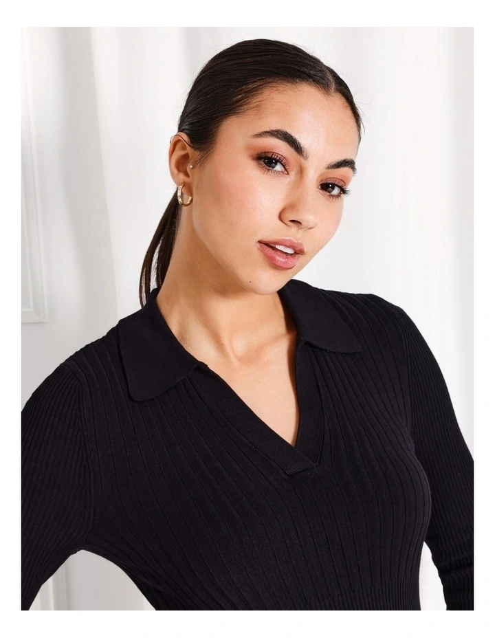 Variegated Rib V Neck Knit Polo in Black