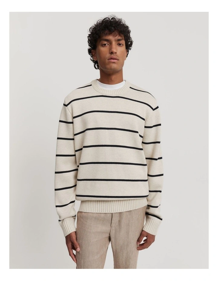 Australian Cotton Stripe Crew Neck Knit in Oat Milk