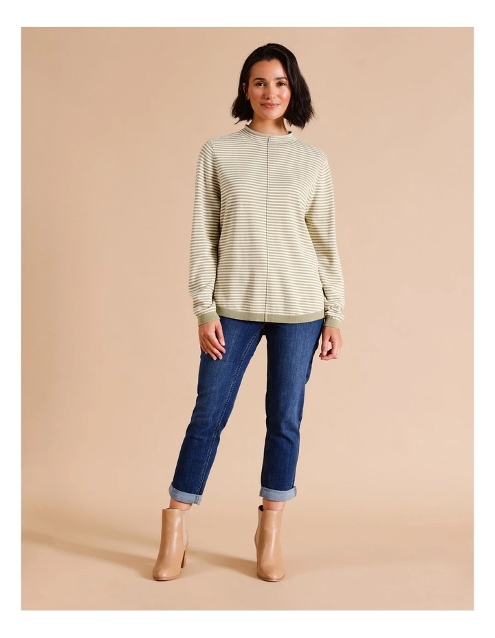 Organic Cotton Blend Funnel Neck Jumper With CF Seam in Sage/ Ivory Stripe
