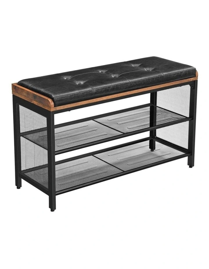 Padded Shoe Rack Bench with Mesh Shelf in Brown/Black