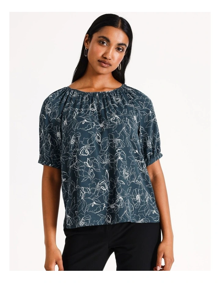 Short Sleeve Button Detail Gathered Neck Top in Assorted