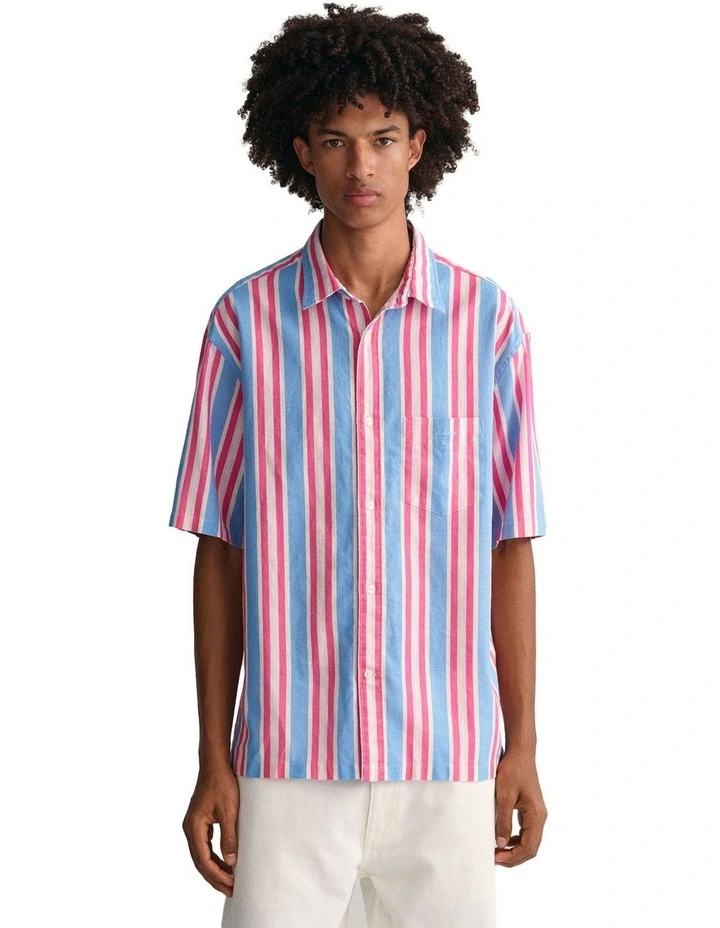 Cotton Linen Short Sleeve Shirt in Blue