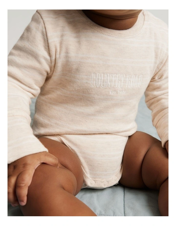 Organically Grown Cotton Heritage Long Sleeve Bodysuit in Oatmeal Stripe